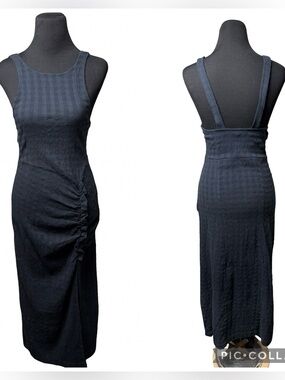 Free People Free-est Kokomo Midi Dress Ruched Black Smocked Side Slit SZ S